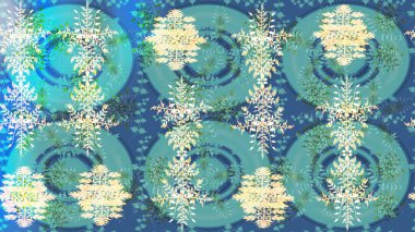 Yüzey için tekrarlanan doku, ambalaj kağıdı, mavi üzerine kar tanesi, nötr ve yeşil renkler. Kış kar taneleri, raster arka plan.