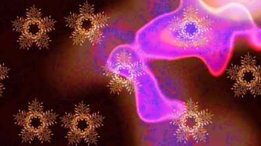 Kar tanelerinin soyut arkaplanlı Noel şablonu. Kahverengi, siyah ve mor kar taneleri. Raster illüstrasyonu. Noel ve Yeni Yıl moda baskıları için tatil tasarımı.