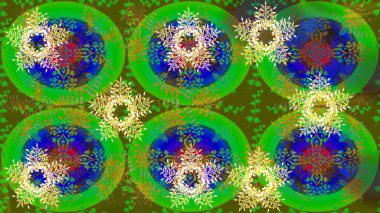 Kar taneli yeşil, mavi ve kahverengi renkler. Renkli arka planda izole tatlı kar taneleri. Raster illüstrasyonu.