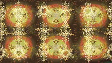 Kar taneleri radyal kahverengi, nötr ve sarı renkler. Renkli arka planda güzel kar taneleri. Raster illüstrasyonu..