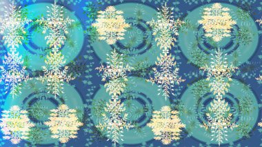 Yüzey için tekrarlanan doku, ambalaj kağıdı, mavi üzerine kar tanesi, nötr ve yeşil renkler. Kış kar taneleri, raster arka plan.