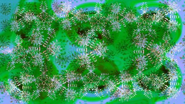 Yeni yıl kar tanesi. Düz kar karalama ikonları, yılbaşı afişi için kar taneleri silueti, kartlar. Yeşil, mavi ve nötr renkler üzerine şirin soyut kar tanesi raster tasarımı.