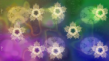 Yeşil, mor ve mavi renkler üzerine şirin soyut kar taneleri raster tasarımı. Düz kar karalama ikonları, yılbaşı afişi için kar taneleri silueti, kartlar. Yeni yıl kar tanesi.