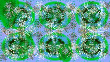 Yeşil, mavi ve nötr kar taneleri. Renkler. Kar tanelerinin soyut arkaplanı olan şirin bir Noel arkaplanı. Noel ve yeni yıl moda baskıları için tatil tasarımı. Raster illüstrasyonu.