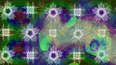 Kar taneleri radyal yeşil, nötr ve mavi renkler. Renkli arka planda güzel kar taneleri. Raster illüstrasyonu..