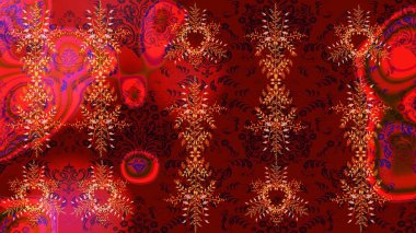 Kar tanelerinin soyut arkaplanlı Noel şablonu. Raster illüstrasyonu. Kırmızı, kahverengi ve siyah renkler. Noel ve Yeni Yıl moda baskıları için tatil tasarımı.