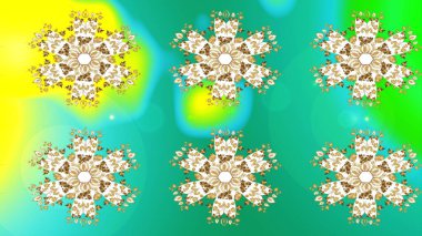 Renkli arka planda izole tatlı kar taneleri. Kar tanesi raster deseni. Raster illüstrasyonu. Altın renkte kar taneleri.