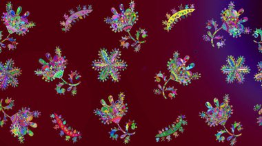 Raster illüstrasyonundaki çiçek desenli çizim. Kırmızı, mor ve mavi renkte çiçekler.