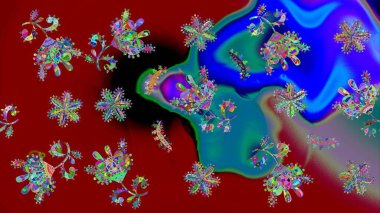 Kar Tanesi Mozaik ikonu. Kırmızı, mavi ve yeşil siluet kar tanesi işareti. Düz dizayn. Sembol kışı, donmuş, Noel, yeni yıl tatili. Grafiksel element dekorasyonu. Raster illüstrasyonu.