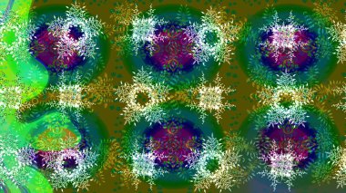 Kar tanelerinin soyut arkaplanlı Noel şablonu. Yeşil, mavi ve nötr renkler. Raster illüstrasyonu. Noel ve Yeni Yıl moda baskıları için tatil tasarımı.