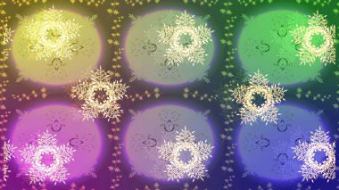 Kar tanelerinin soyut arkaplanı olan şirin bir Noel arkaplanı. Tarafsız, mor ve yeşil kar taneleri. Raster illüstrasyonu. Renkler. Noel ve Yeni Yıl moda baskıları için tatil tasarımı.