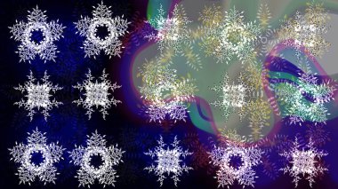 Kar taneleri arka planda. Kar taneleri deseni. Arkaplanda soyut kar taneleri olan düz tasarım. Raster illüstrasyonu. Kar tanesi süslemeli desen.