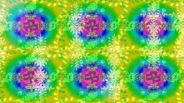 Raster illüstrasyonu. Sihirli yeşil, sarı ve mavi tatil soyut arka plan yıldız ve düşen kar taneleri. Noel yeşili, sarı ve hüzünlü.