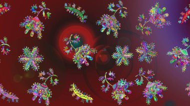 Yüzey için tekrarlanan doku, ambalaj kağıdı, kahverengi, kırmızı ve mor renkler. Kış kar tanesi, raster arka plan. Renkli arka planda izole kar taneleri. Raster illüstrasyonu.