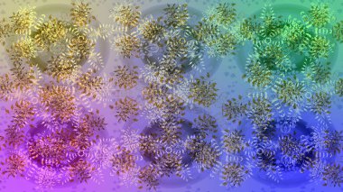 Raster illüstrasyonu. Noel ve yeni yıl moda baskıları için tatil tasarımı. Kar tanelerinin soyut arkaplanlı Noel şablonu. Mor, mavi ve nötr kar taneleri.