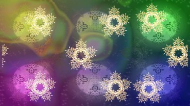 Kar tanelerinin soyut arkaplanlı Noel şablonu. Yeşil, mor ve nötr kar taneleri. Raster illüstrasyonu. Renkler. Noel ve Yeni Yıl moda baskıları için tatil tasarımı.