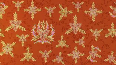 Renkli arka planda izole kar taneleri. Raster illüstrasyonu. Kar taneleri radyal turuncu, kahverengi ve nötr renkler.