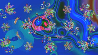 Kış kar tanesi, raster arka plan. Yüzey için tekrarlanan doku, ambalaj kağıdı, mavi, yeşil ve mor renkler. Raster illüstrasyonu. Renkli arka planda izole edilmiş güzel kar taneleri.