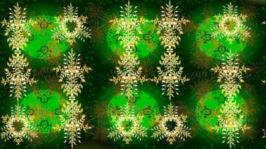 Yeşil, mavi ve sarı kar taneleri. Kar tanelerinin soyut arkaplanlı Noel şablonu. Noel ve yeni yıl moda baskıları için tatil tasarımı. Raster illüstrasyonu.