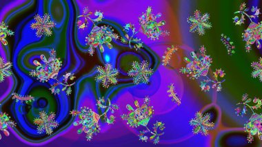 Raster suluboya çiçek deseni, narin çiçekler, menekşe, yeşil ve mavi çiçekler, tebrik kartı şablonu. Raster Güzel kumaş deseni.