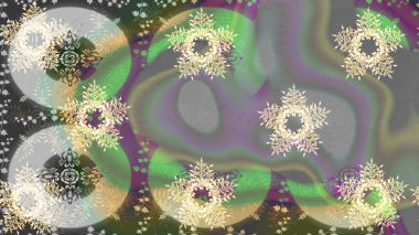 Gri, nötr ve yeşil kar taneleri. Raster illüstrasyonu. Noel ve yeni yıl moda baskıları için tatil tasarımı. Kar tanelerinin soyut arkaplanlı Noel deseni.