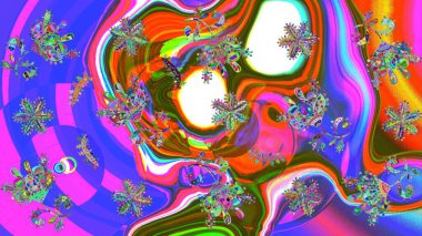 Kar tanelerinin soyut arkaplanlı Noel şablonu. Mor, mavi ve yeşil kar taneleri. Raster illüstrasyonu. Noel ve Yeni Yıl moda baskıları için tatil tasarımı.