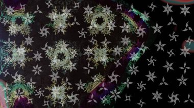 Çok renkli ve siyah zarif küçük çiçekler ve gri ve siyah renkli komik böcekler, raster deseni, illüstrasyon.