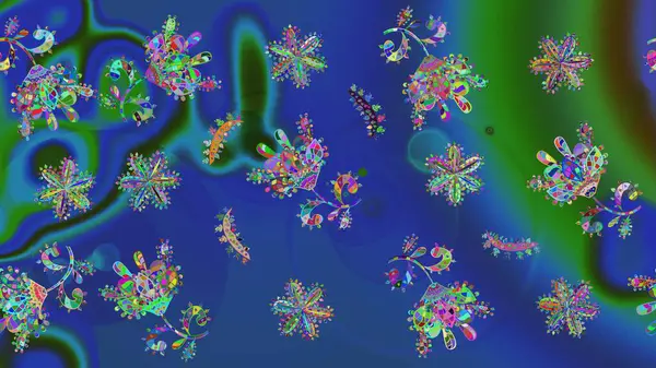 Mavi, yeşil ve mor renkler. Kar tanelerinin soyut arkaplanlı Noel şablonu. Noel ve yeni yıl moda baskıları için tatil tasarımı. Raster illüstrasyonu.