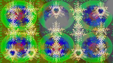 Renkler. Noel ve yeni yıl moda baskıları için tatil tasarımı. Raster illüstrasyonu. Kar tanelerinin soyut arkaplanı olan şirin bir Noel arkaplanı. Yeşil, mavi ve gri kar taneleri.