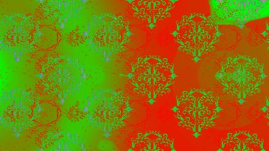 Çiçekli ipek eşarp. El çizimi çiçek unsurları olan soyut, dikişsiz raster deseni. 1950-1960 motifleri. Retro tekstil tasarım koleksiyonu. Yeşil, turuncu ve kırmızı üzerine yeşil, turuncu ve kırmızı.