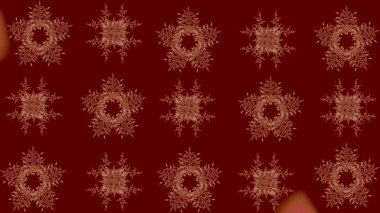 İllüzyon. Kar taneleri, kar yağışı. Renkli bir arka planda izole edilmiş güzel kırmızı, kahverengi ve bej kar taneleri. Düşen Noel stilize kar taneleri.