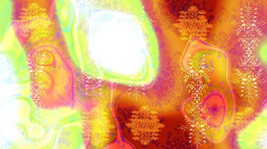 Kar tanelerinin soyut arkaplanlı Noel şablonu. Raster illüstrasyonu. Turuncu, sarı ve pembe renkler. Noel ve Yeni Yıl moda baskıları için tatil tasarımı.