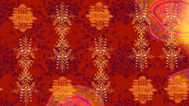 Raster illüstrasyonu. Kırmızı, turuncu ve mor papatyalardan oluşan kırmızı, turuncu ve mor bir desen. Kırmızı, turuncu ve mor renklerde.