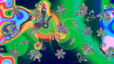 Çevre yeşili, mavi ve nötr mandala şeklindeki kar taneleri sanat terapisi tarzı zen çizim için. El çizimi, dövme stili, kumaş tasarımı ve Raster illüstrasyonunda kartlar..