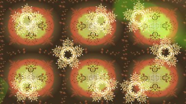 Kar tanesi raster deseni. Raster illüstrasyonu. Renkli arka planda izole tatlı kar taneleri. Kahverengi, nötr ve turuncu renklerde kar taneleri.