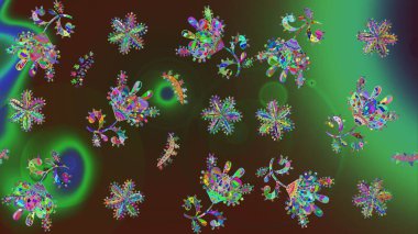 Raster illüstrasyonu. Noel ve yeni yıl moda baskıları için tatil tasarımı. Kar tanelerinin soyut arkaplanlı Noel şablonu. Yeşil, kahverengi ve gri kar taneleri.