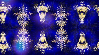 Noel ve yeni yıl moda baskıları için tatil tasarımı. Raster illüstrasyonu. Mavi, mor ve bej renkler. Kar tanelerinin soyut arkaplanlı Noel deseni.