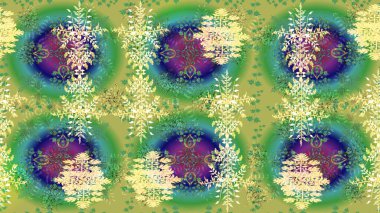 Noel ve yeni yıl moda baskıları için tatil tasarımı. Yeşil, mavi ve nötr renkler. Raster illüstrasyonu. Kar tanelerinin soyut arkaplanlı Noel deseni.