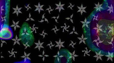 Raster illüstrasyonu. Asya tekstil tarzında. Düz Çiçek Elementleri Tasarımı. Siyah renkli çiçekler. Renkli Bahar Temalı Kusursuz Arkaplan. Kusursuz çiçek deseni.