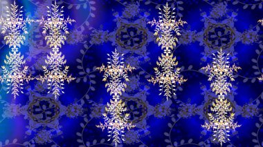 Mavi, mor ve siyah renkte kar tanelerinden oluşan kış deseni. Raster illüstrasyonu. Kış konsepti Düz yatıyordu.