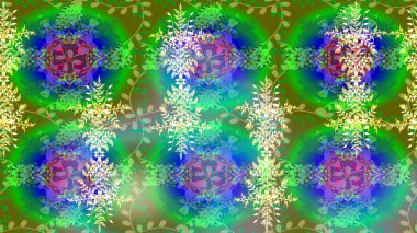 Sihirli yeşil, mavi ve nötr tatil soyut arka plan yıldız ve düşen kar taneleri. Raster illüstrasyonu. Noel yeşili, mavi ve nötr.