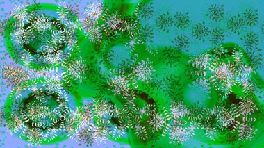 Raster illüstrasyonu. Kar taneleri arka planda. Renkli arka planda izole edilmiş kar tanelerinin düz tasarımı. Kar tanesi süsleme deseni. Kar taneleri deseni.