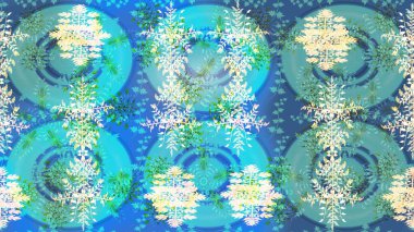 Kış kar taneleri, raster arka plan. Yüzey için tekrarlanan doku, ambalaj kağıdı, mavi üzerine kar tanesi, nötr ve yeşil renkler.