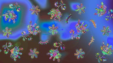 Mavi renkli çiçekler. Çiçek desenli çizim. Asya tekstil tarzında. Raster illüstrasyonu. Raster illüstrasyonu.