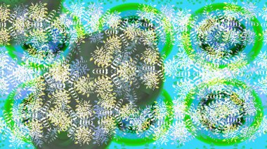 Raster illüstrasyonu. Yeşil, mavi ve nötr kar taneleri. Noel ve yeni yıl moda baskıları için tatil tasarımı. Kar tanelerinin soyut arkaplanı olan şirin bir Noel arkaplanı. Renkler.