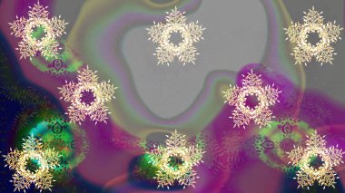 Kar tanesi renkli desen. Snowflakes desen. Raster kar taneleri arka plan. Renk arka plan üzerinde izole soyut kar taneleri ile düz tasarım. Raster illüstrasyon.