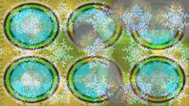 Yuvarlak raster kar tanesi. Renkli arka planda izole tatlı kar taneleri. Soyut kış yeşili, nötr ve mavi süs. Güzel kar tanesi. Raster illüstrasyonu.