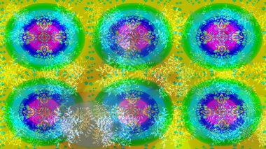 Kar tanelerinin soyut arkaplanlı Noel şablonu. Yeşil, mavi ve sarı kar taneleri. Raster illüstrasyonu. Noel ve Yeni Yıl moda baskıları için tatil tasarımı.