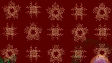 Kar tanelerinin soyut arkaplanlı Noel şablonu. Kırmızı, kahverengi ve bej kar taneleri. Raster illüstrasyonu. Renkler. Noel ve Yeni Yıl moda baskıları için tatil tasarımı.