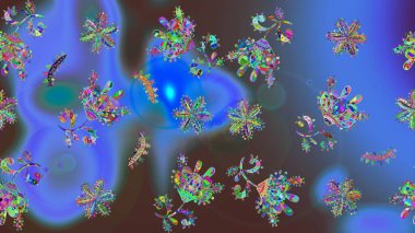 Mavi, kahverengi ve yeşil renkler üzerine şirin soyut kar tanesi raster tasarımı. Düz kar karalama ikonları, yılbaşı afişi için kar taneleri silueti, kartlar. Yeni yıl kar tanesi.